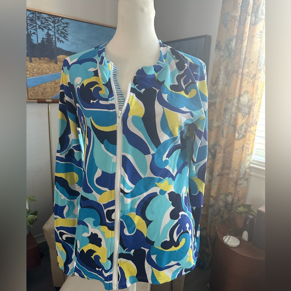 Tommy Bahama L/S Blue and Yellow Textured Rashguard, Size Large